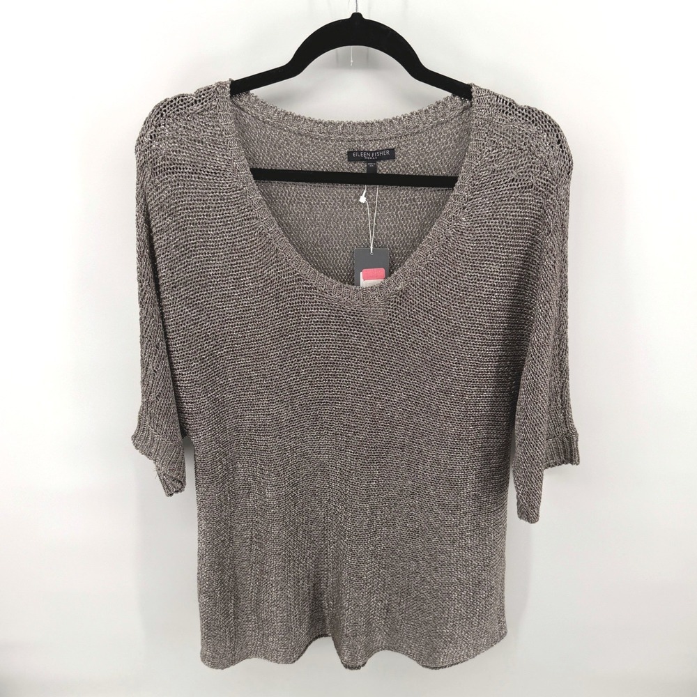 Eileen Fisher Sweater Open Tape Knit 1X Bronze Women Plus Size Metallic Pullover